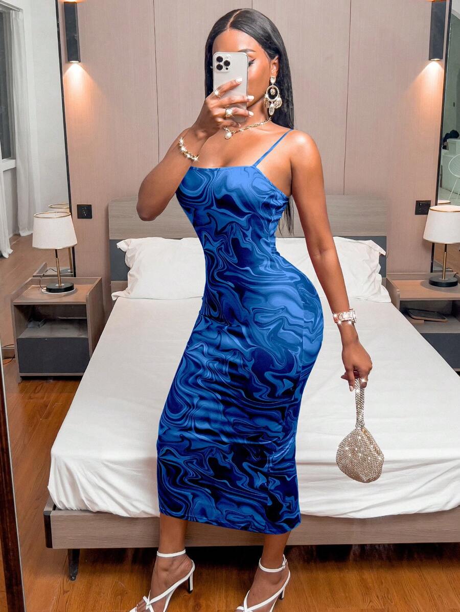 Ladies' Spaghetti Strap Printed Slit Slim Fit Sexy Casual Dress