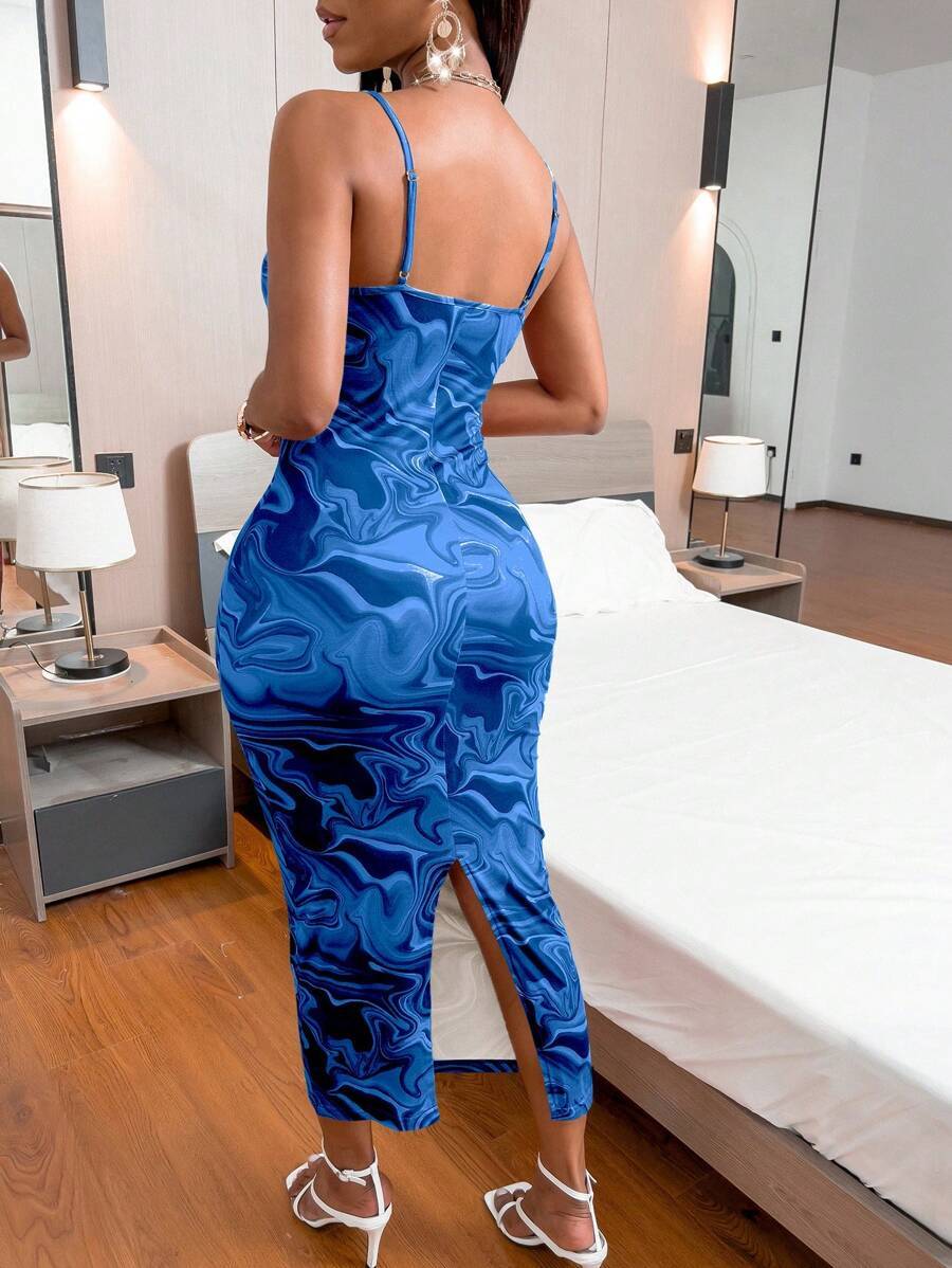 Ladies' Spaghetti Strap Printed Slit Slim Fit Sexy Casual Dress