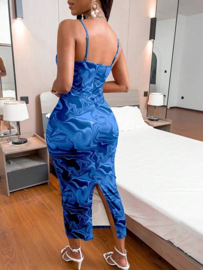 Ladies' Spaghetti Strap Printed Slit Slim Fit Sexy Casual Dress