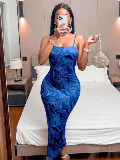 Ladies' Spaghetti Strap Printed Slit Slim Fit Sexy Casual Dress