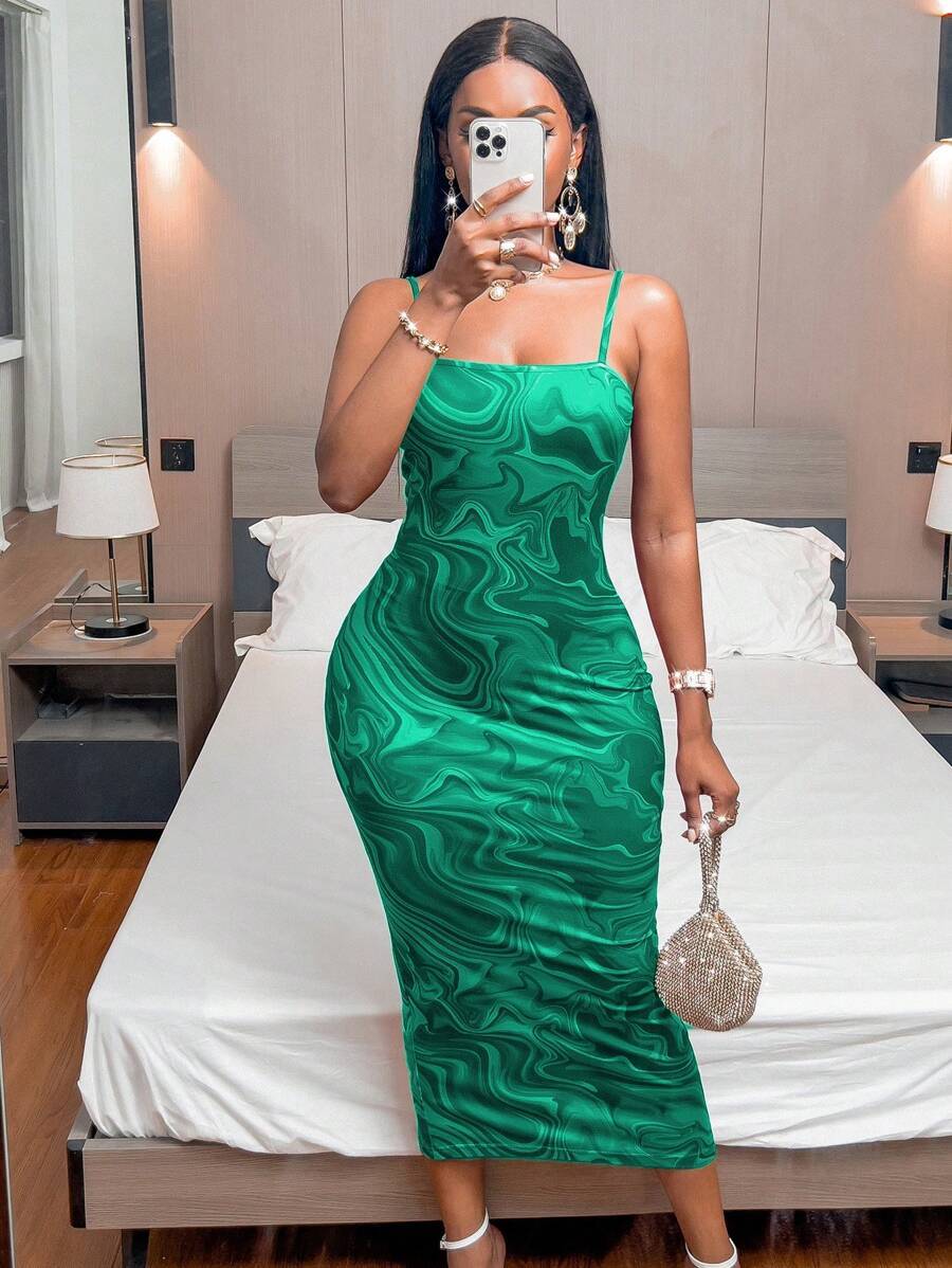 Ladies' Spaghetti Strap Printed Slit Slim Fit Sexy Casual Dress