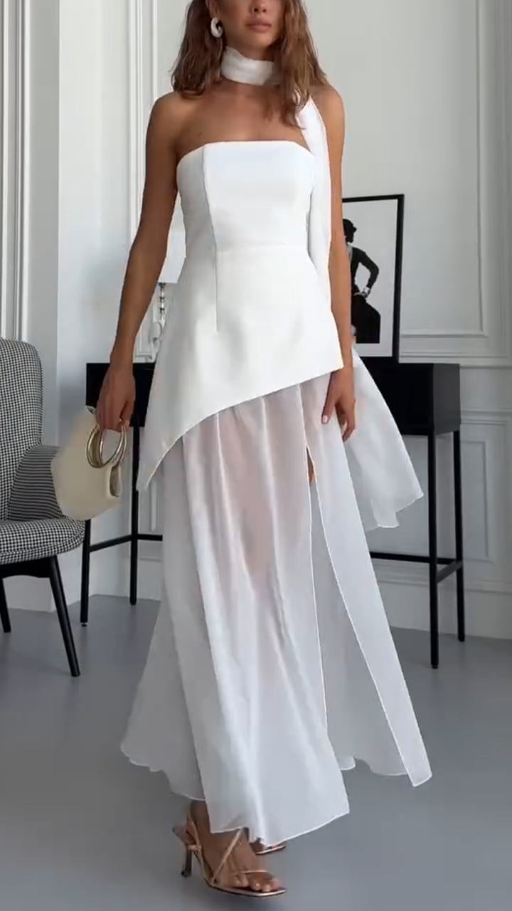 Ladies' Strapless Irregular Top+ Split Skirt Party Dinner Temperament Set