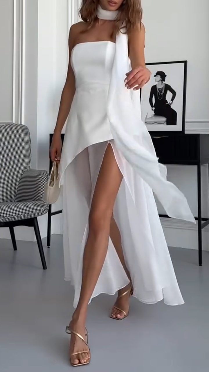 Ladies' Strapless Irregular Top+ Split Skirt Party Dinner Temperament Set