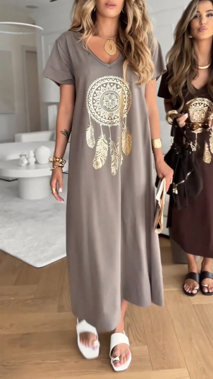 Women's V-neck Printed Slit Casual Dress