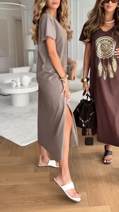 Women's V-neck Printed Slit Casual Dress