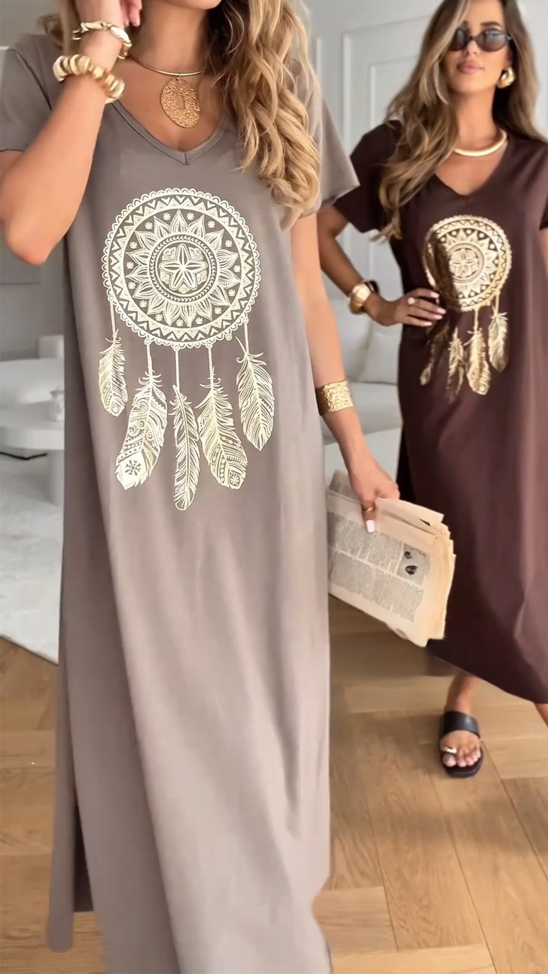 Women's V-neck Printed Slit Casual Dress