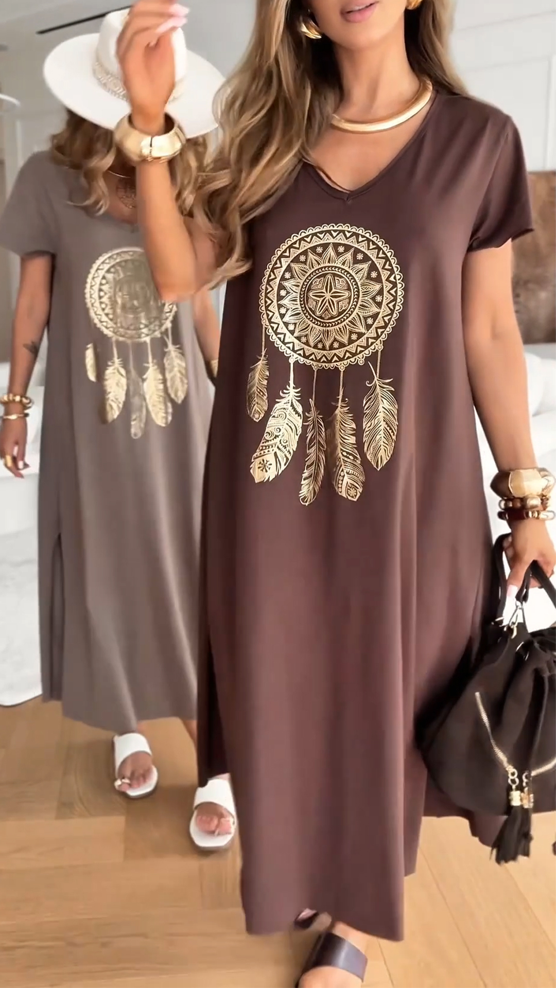 Women's V-neck Printed Slit Casual Dress