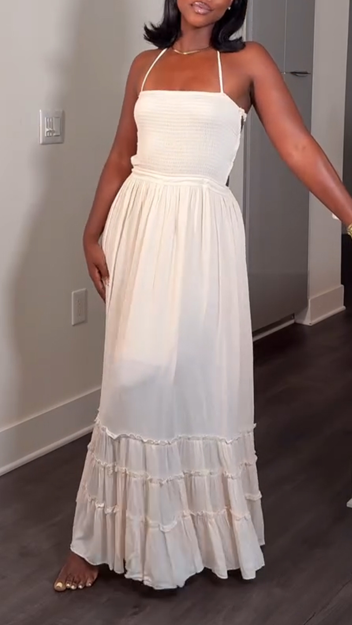 Ladies' Neck Strap Back Hollow Splicing Casual Dress