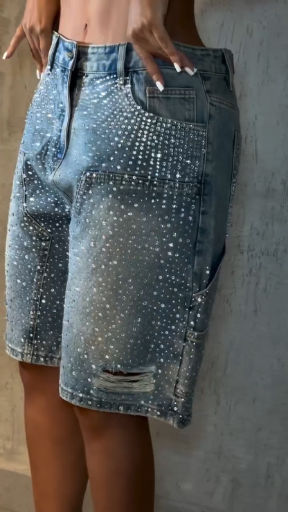 Ladies' Rhinestone Splicing Casual Five Part Jeans