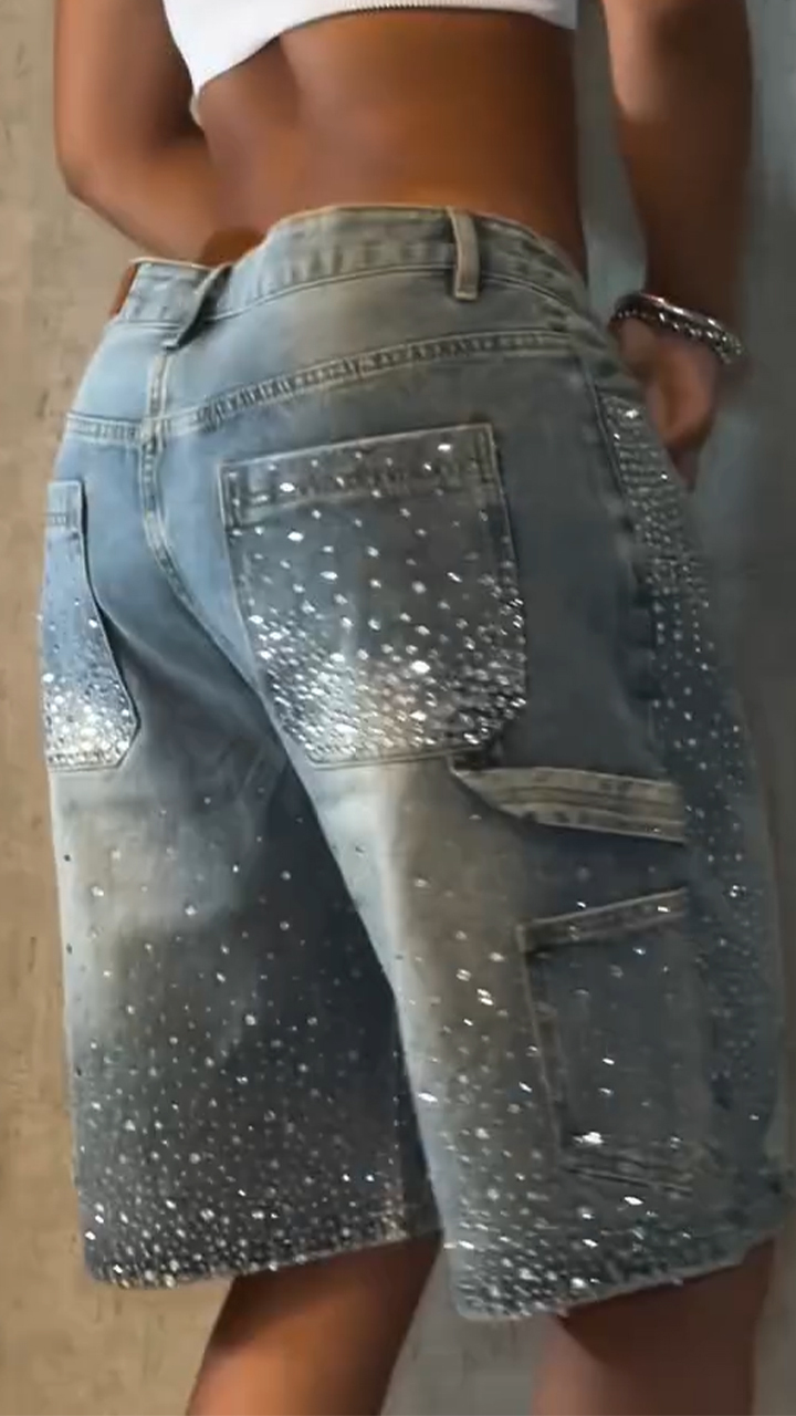 Ladies' Rhinestone Splicing Casual Five Part Jeans