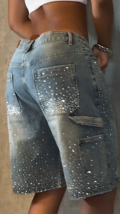 Ladies' Rhinestone Splicing Casual Five Part Jeans