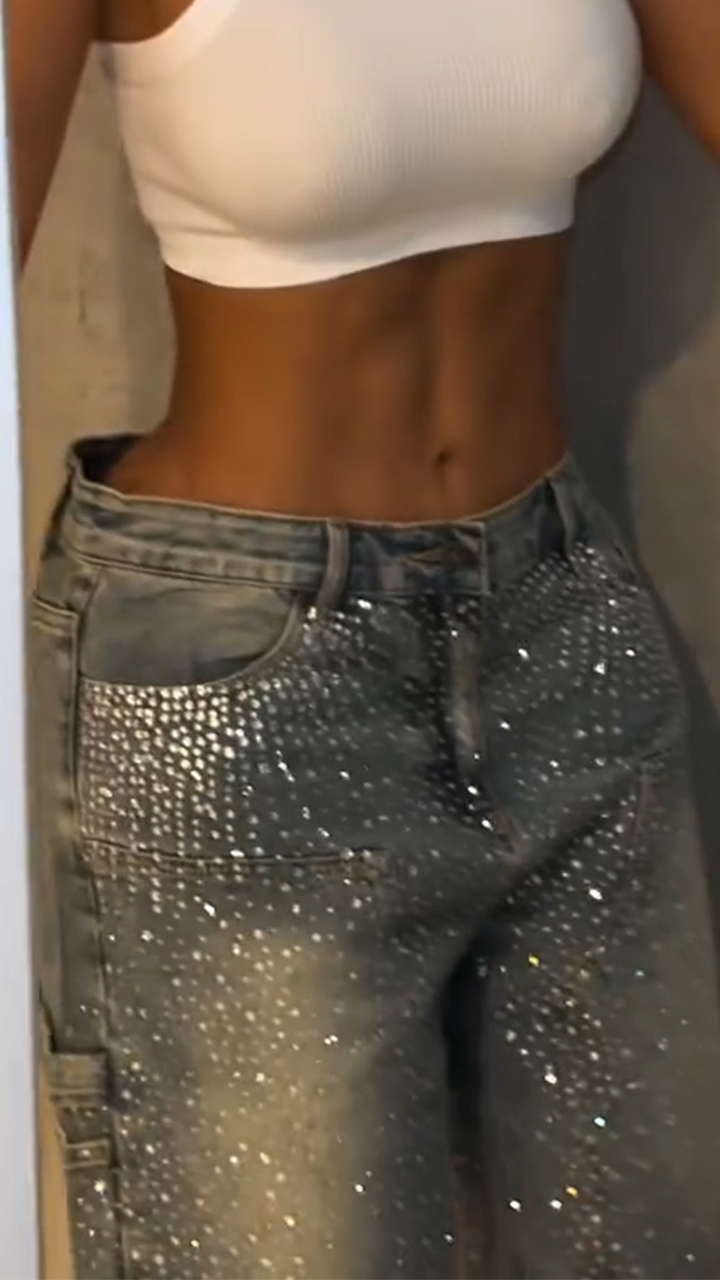 Ladies' Rhinestone Splicing Casual Five Part Jeans