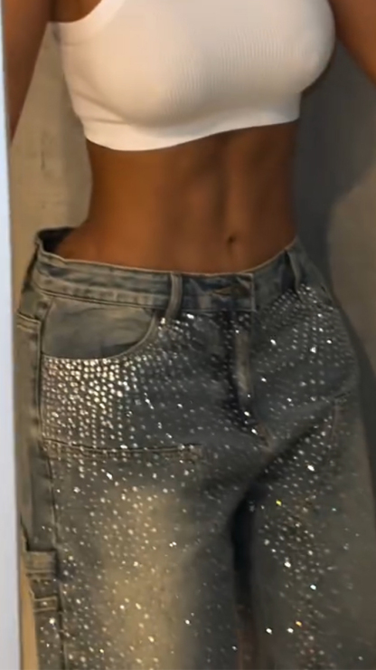 Ladies' Rhinestone Splicing Casual Five Part Jeans