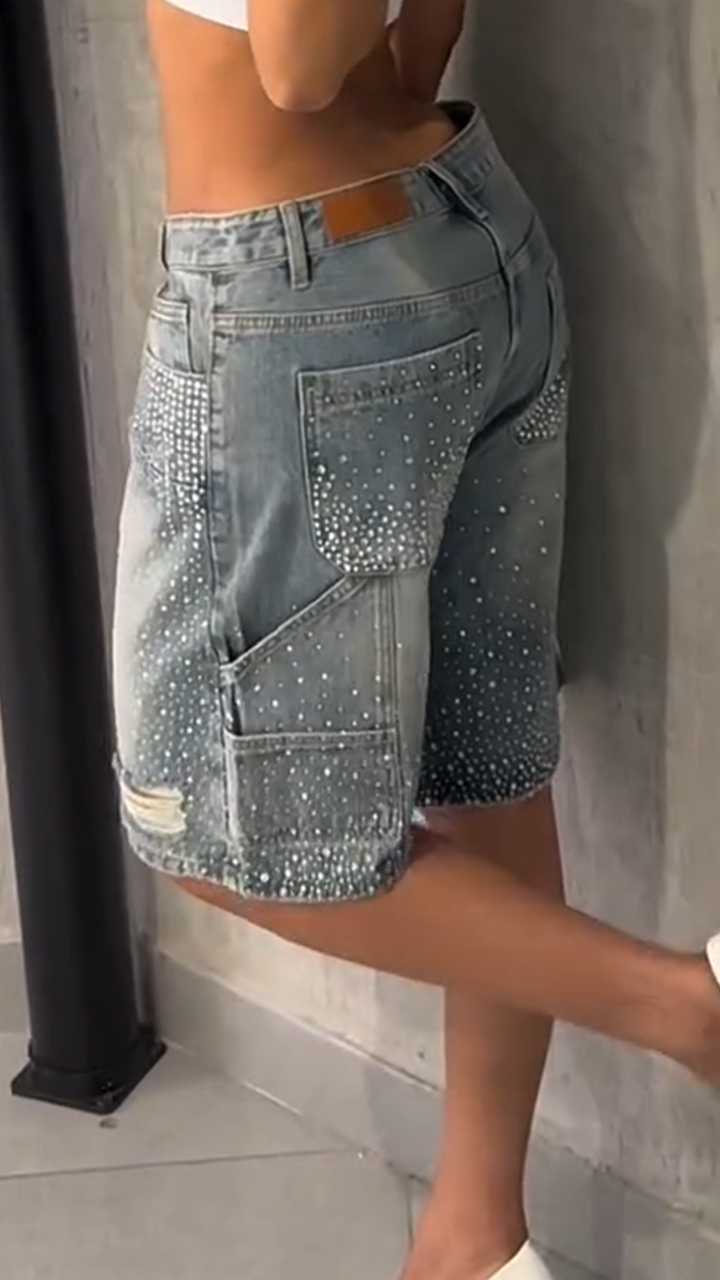 Ladies' Rhinestone Splicing Casual Five Part Jeans