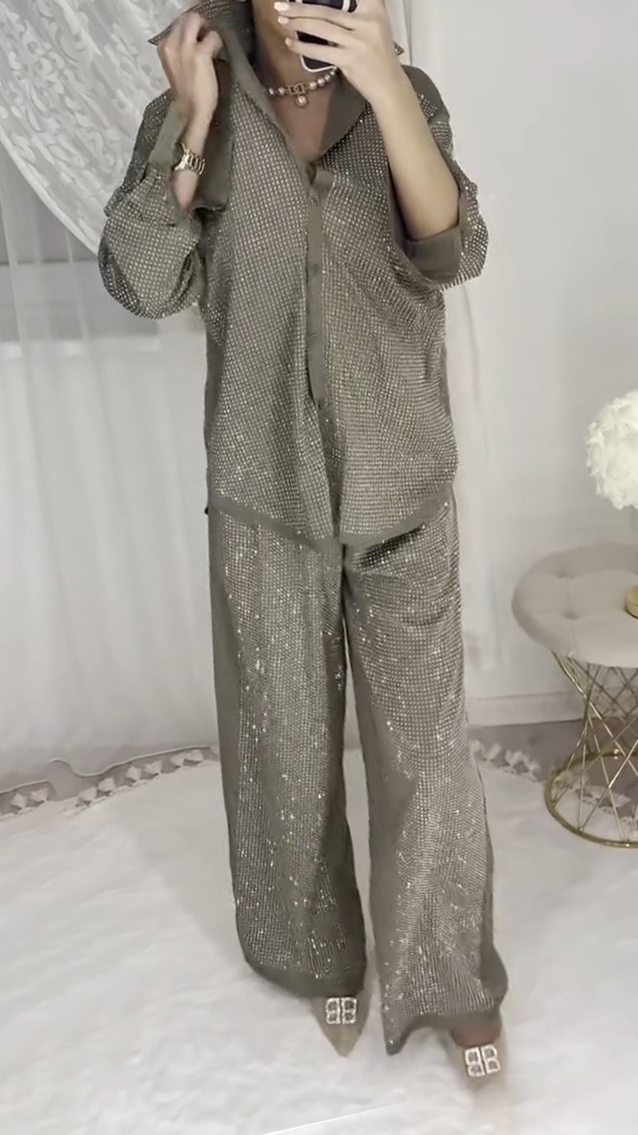 Ladies' Collar Hot Pressed Diamond Splicing Top+ Pants Casual Set+Tube Top Three-piece set