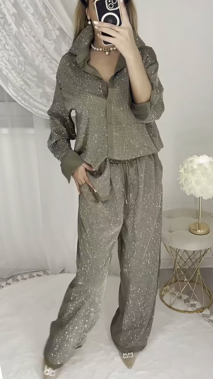 Ladies' Collar Hot Pressed Diamond Splicing Top+ Pants Casual Set+Tube Top Three-piece set