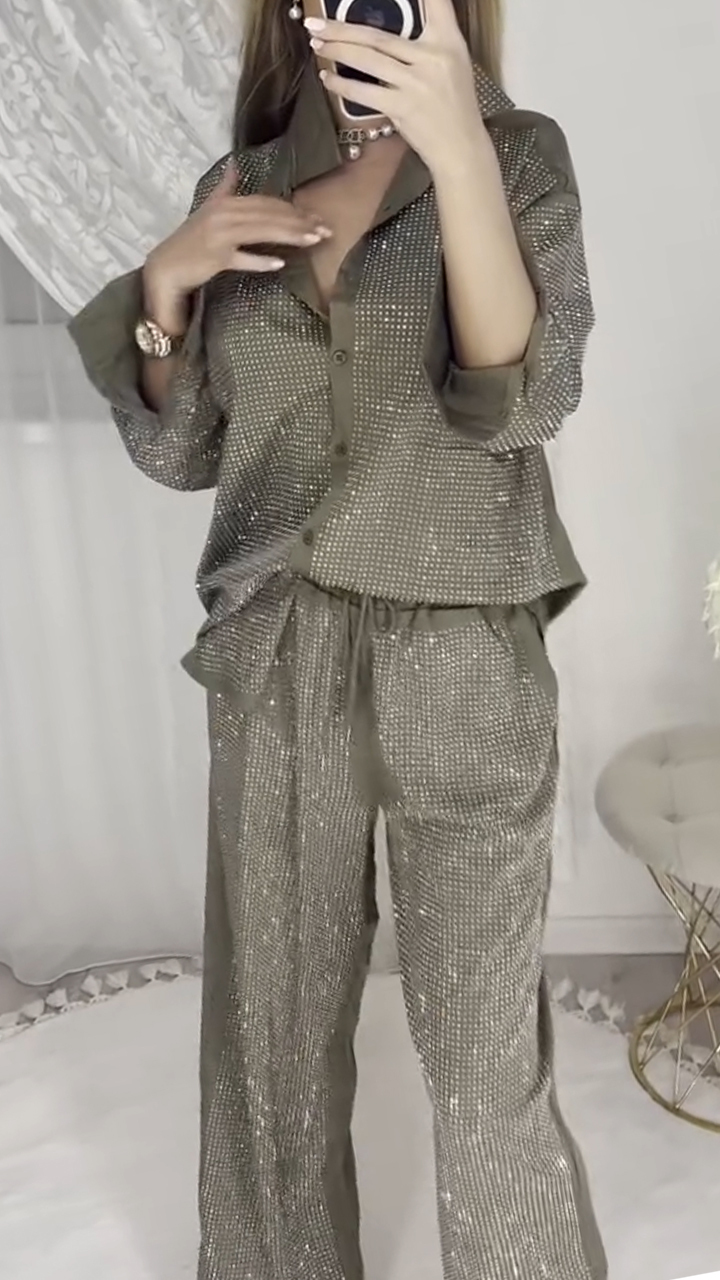 Ladies' Collar Hot Pressed Diamond Splicing Top+ Pants Casual Set+Tube Top Three-piece set