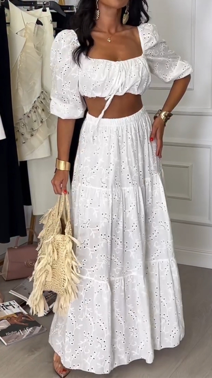 Ladies' Generous Collar Printed Hollow Top+ Skirt Elegant Casual Set