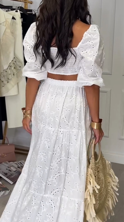 Ladies' Generous Collar Printed Hollow Top+ Skirt Elegant Casual Set