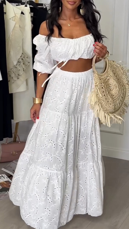 Ladies' Generous Collar Printed Hollow Top+ Skirt Elegant Casual Set