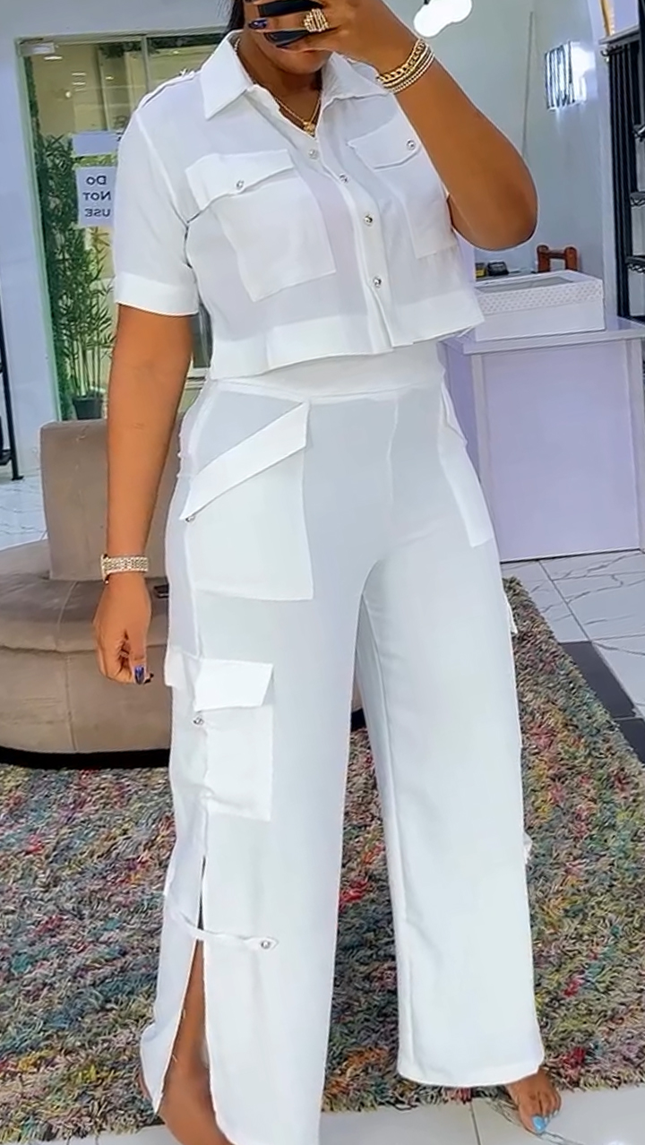 Ladies' Collar Top+ Multi Pocket Patchwork Pants Casual Set