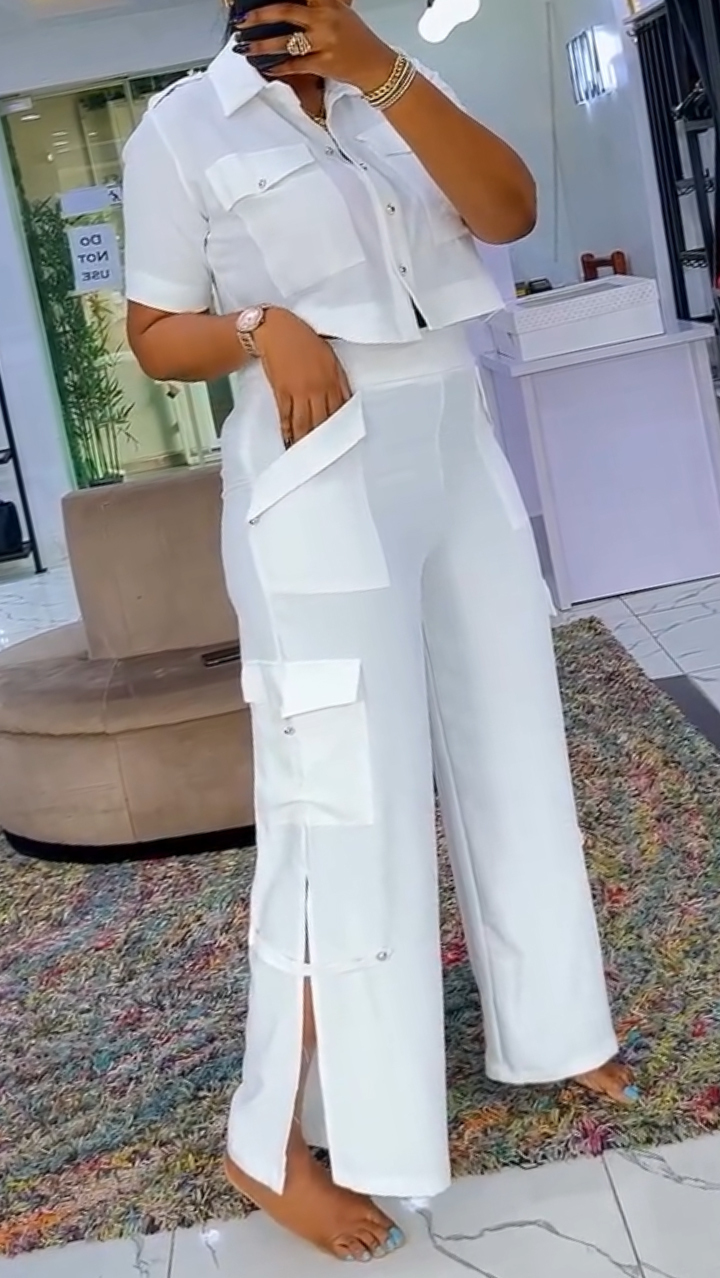 Ladies' Collar Top+ Multi Pocket Patchwork Pants Casual Set