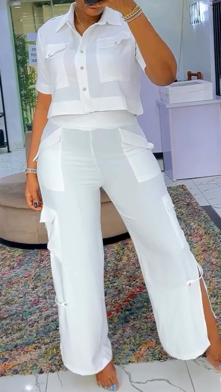 Ladies' Collar Top+ Multi Pocket Patchwork Pants Casual Set