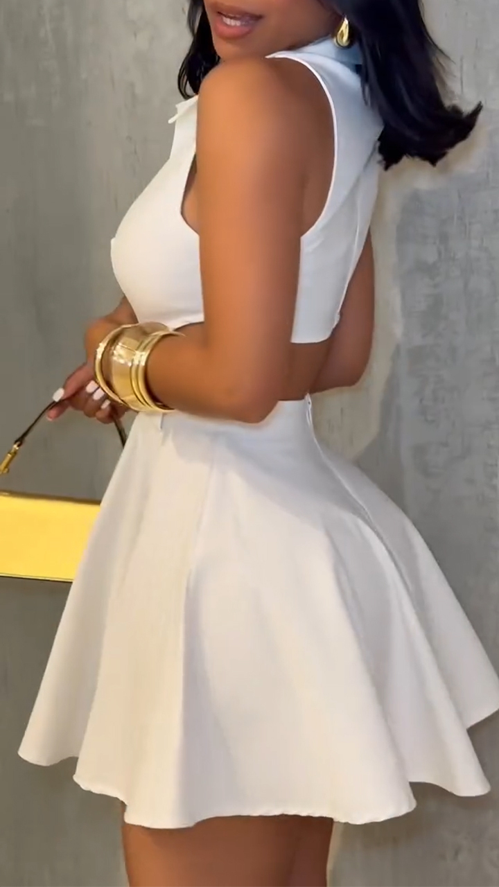 Ladies' Lapel Splicing Hollow Metal Button Temperament and Leisure Dress