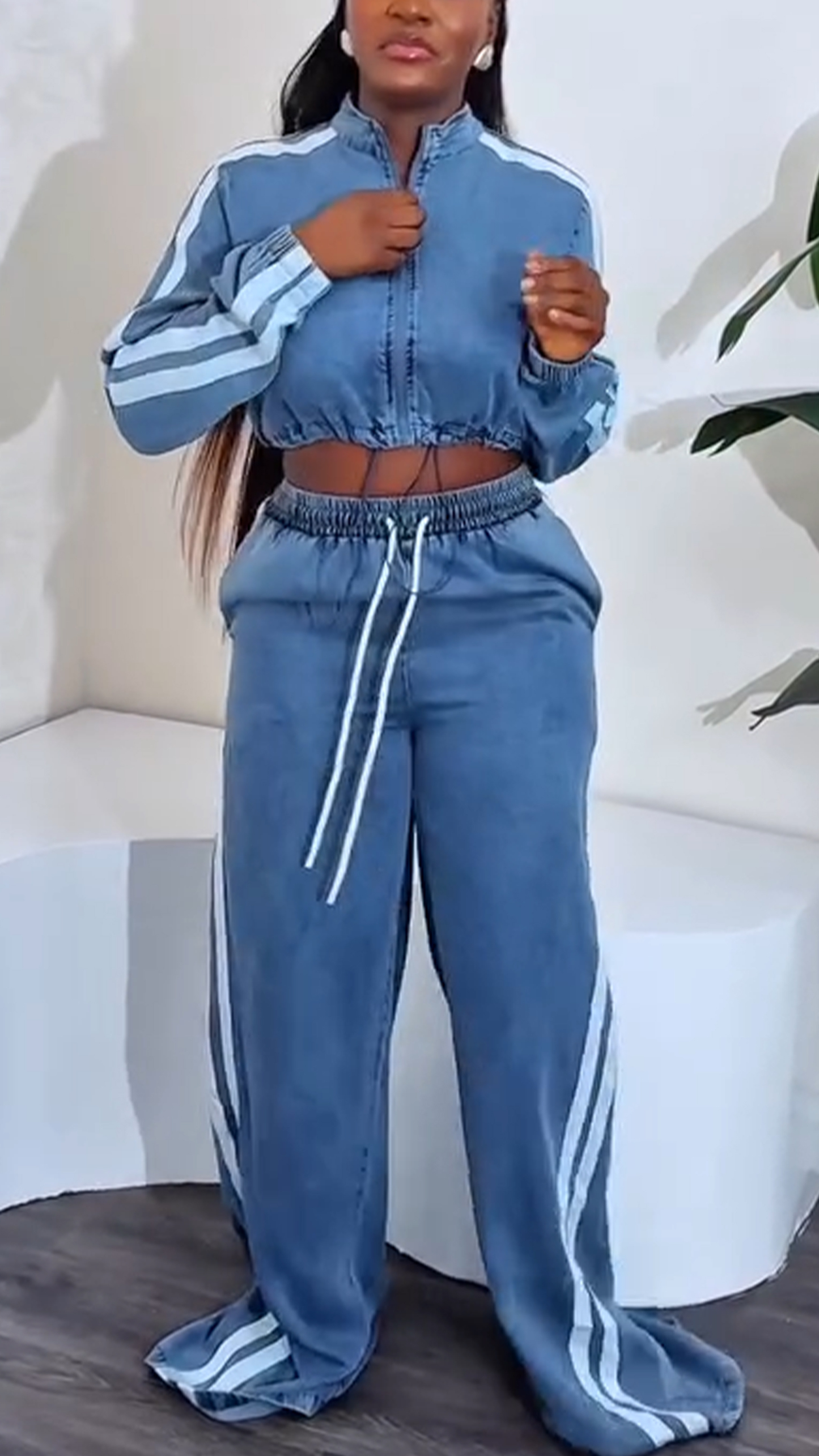 Ladies' Round Neck Zipper Vertical Stripe Top+ Pants Casual Set