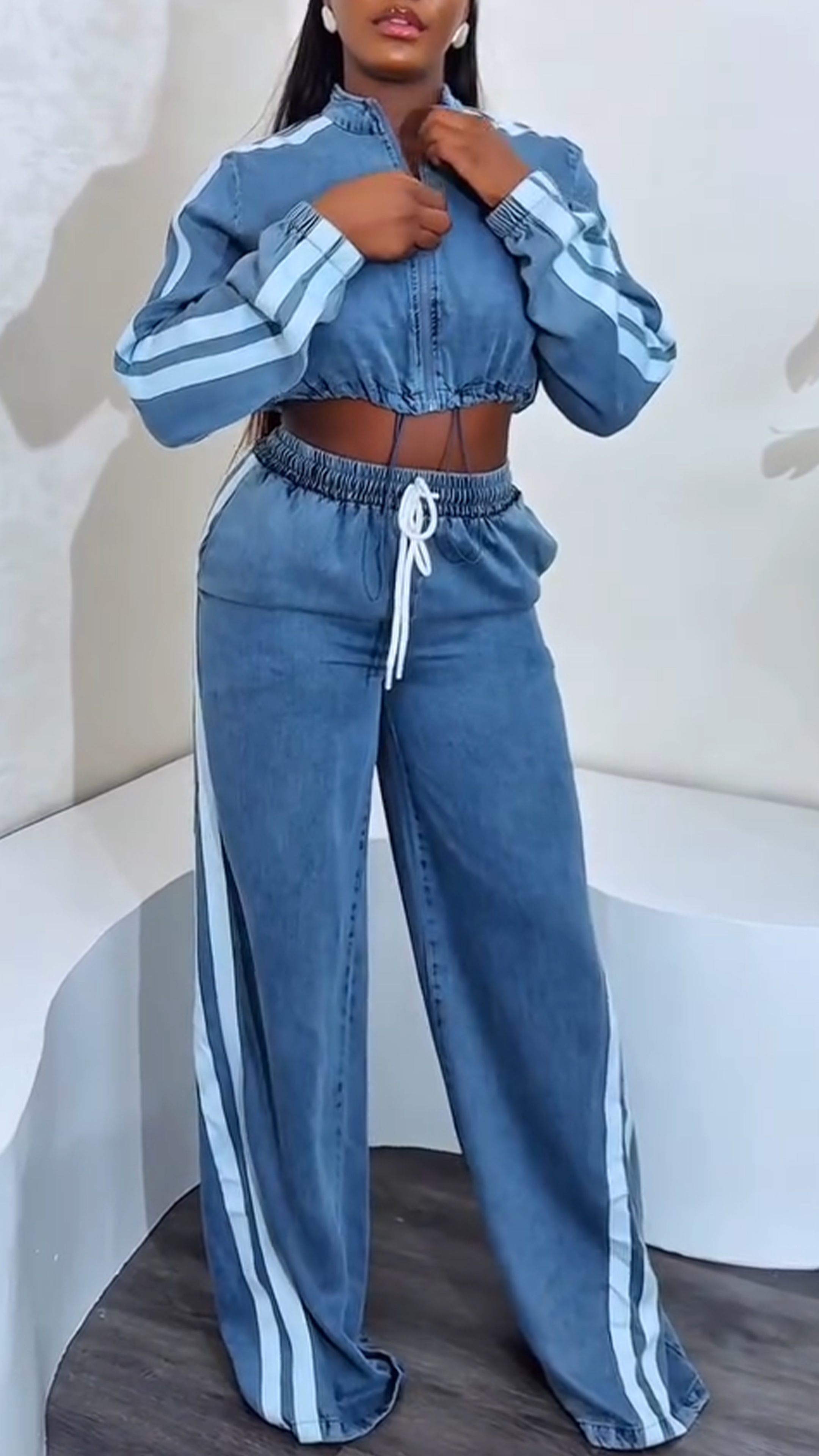 Ladies' Round Neck Zipper Vertical Stripe Top+ Pants Casual Set