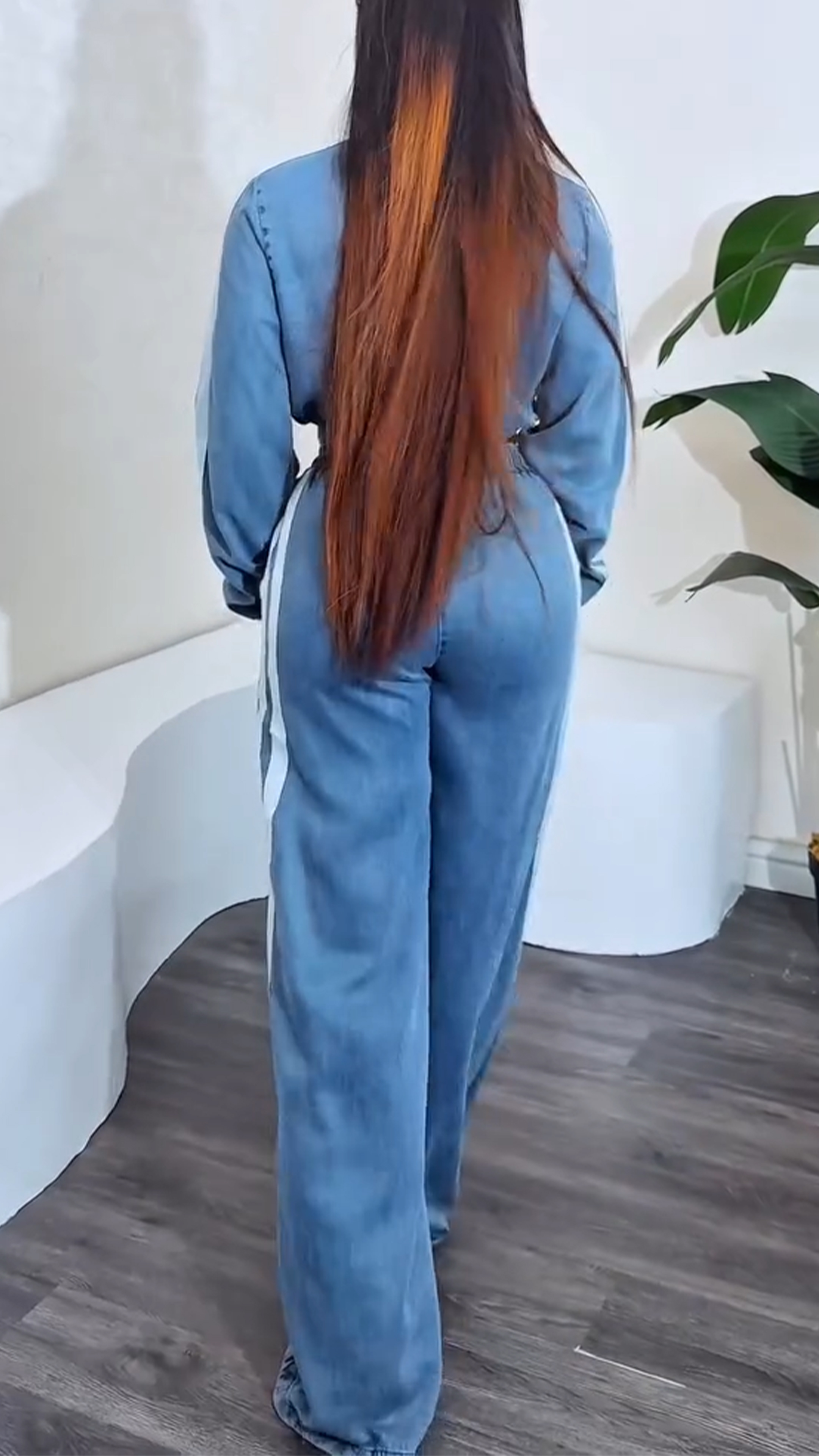 Ladies' Round Neck Zipper Vertical Stripe Top+ Pants Casual Set