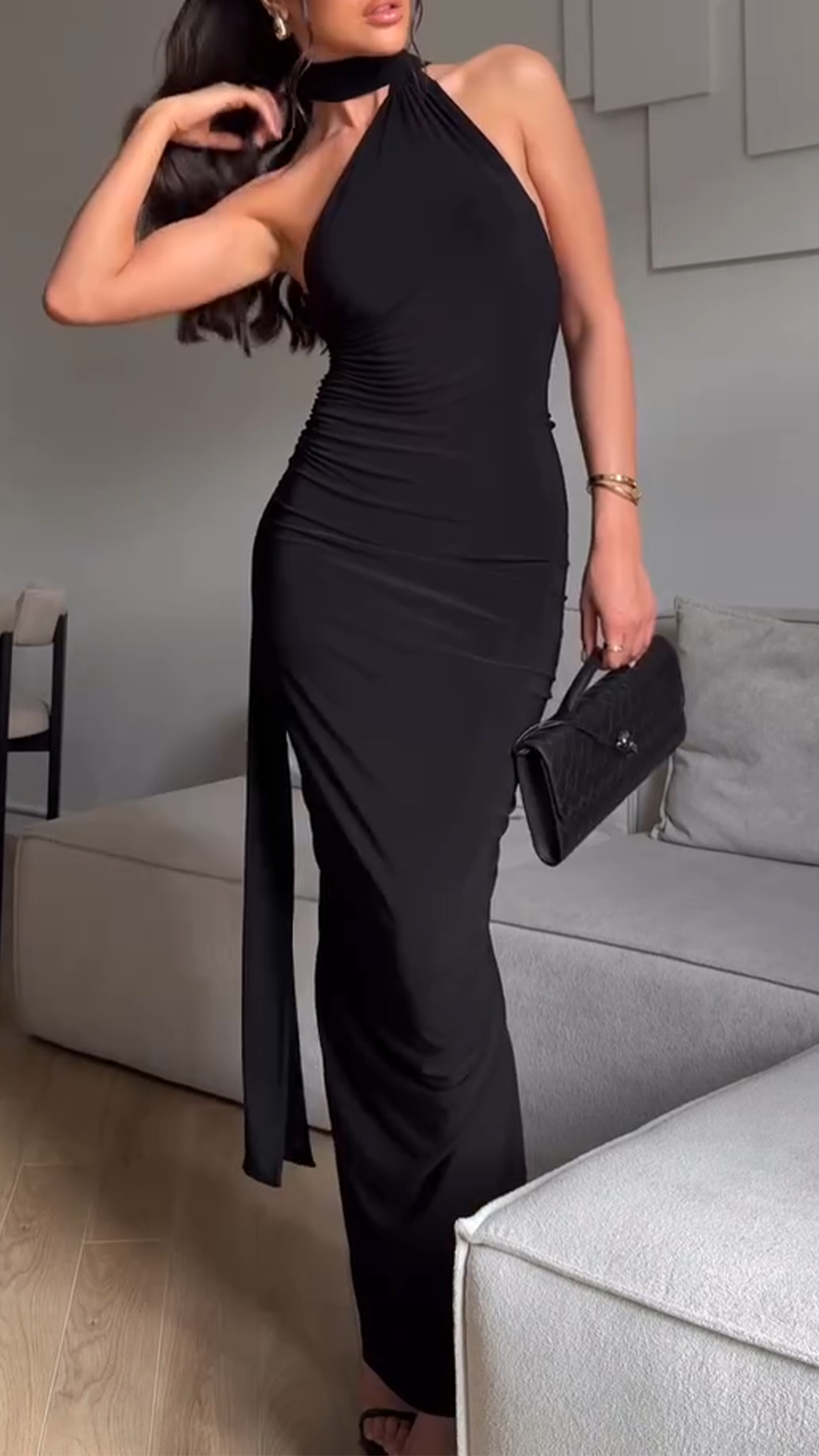 Ladies' Neck Hanging Hollowed Out Slim Fitting Elegant Evening Gown Dress