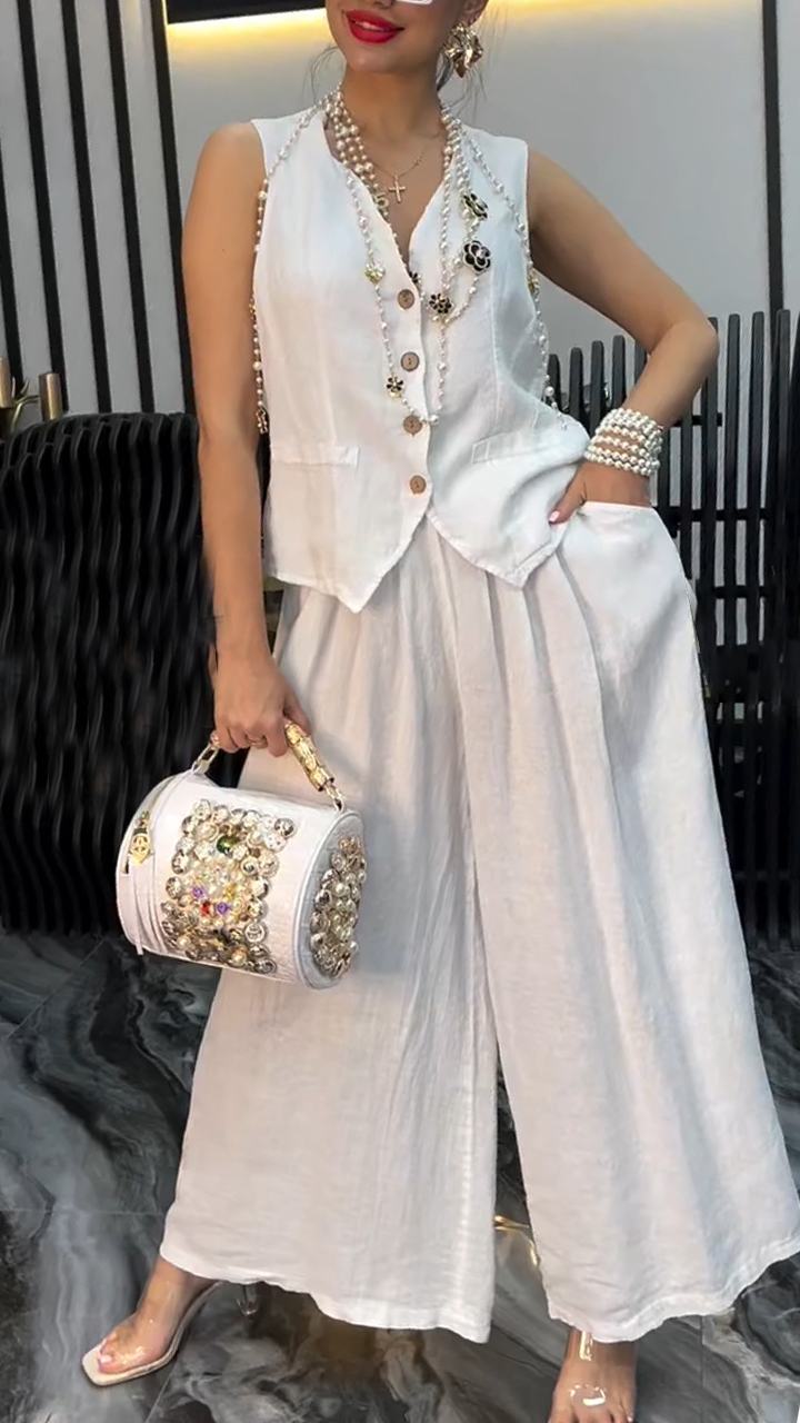 Women's V-neck Breasted Top+ Pants Loose Casual Suit