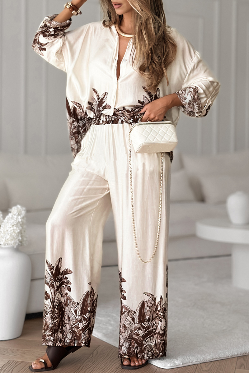 Women Collar Printed Top + Pants Loose Casual Suit