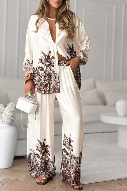 Women Collar Printed Top + Pants Loose Casual Suit