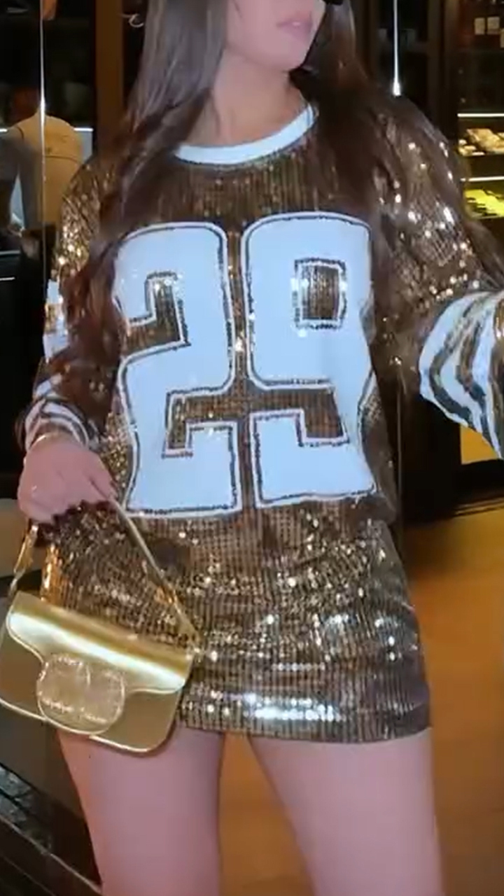 Ladies Round Neck Sequin Printed Letter Party Casual Dress