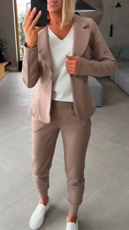 Women Collar Jacket+ Pants Commuting Style Set