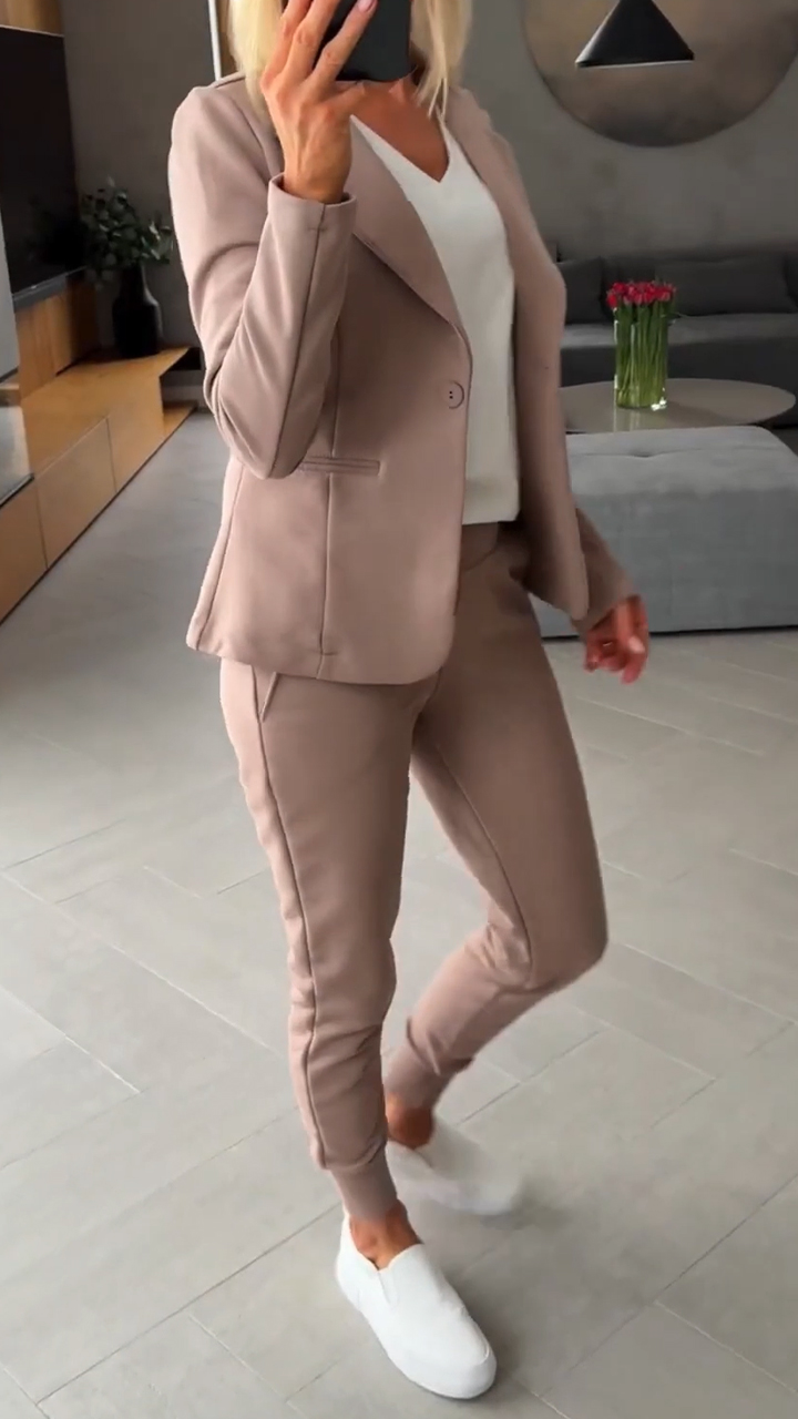 Women Collar Jacket+ Pants Commuting Style Set