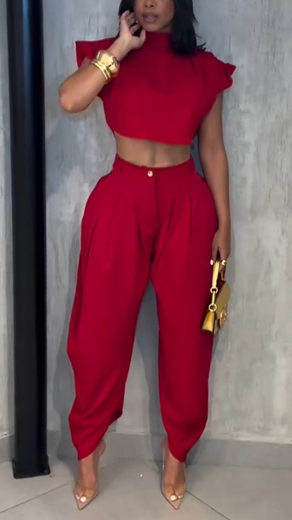 Ladies Round Neck Solid Color Temperament Casual Suit