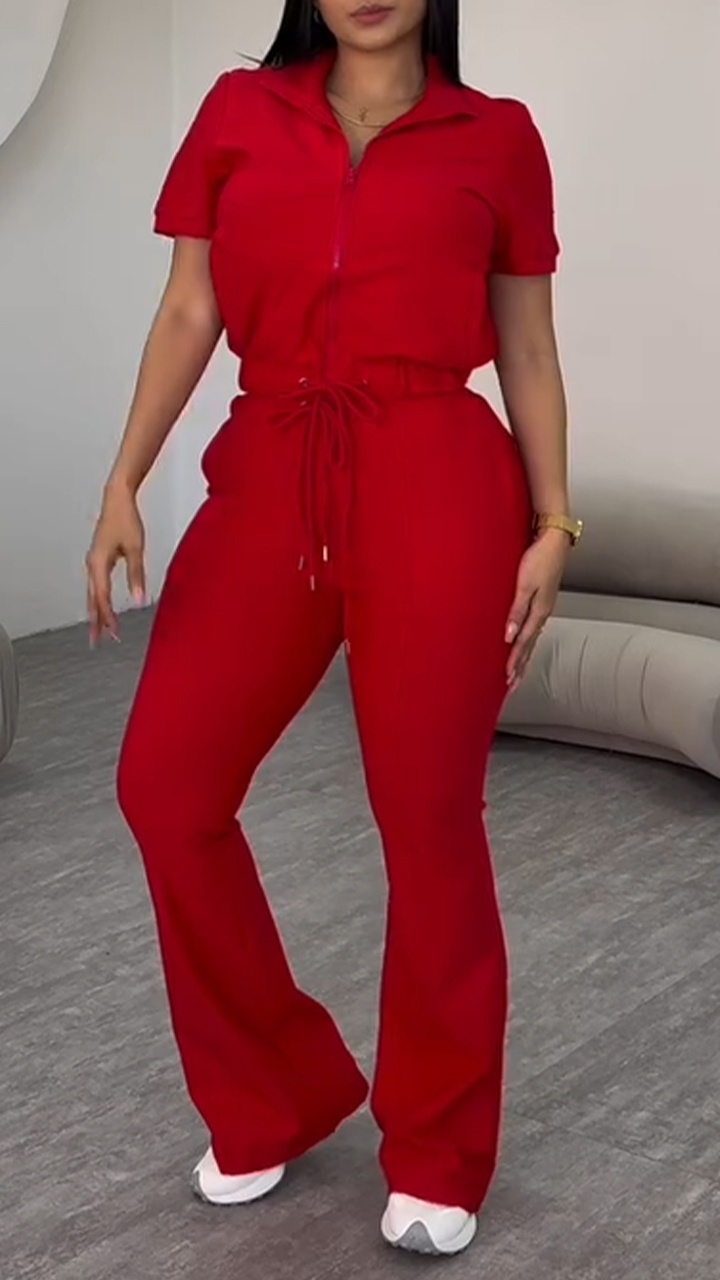 Women Collar Zipper Drawstring Solid Color Casual Set