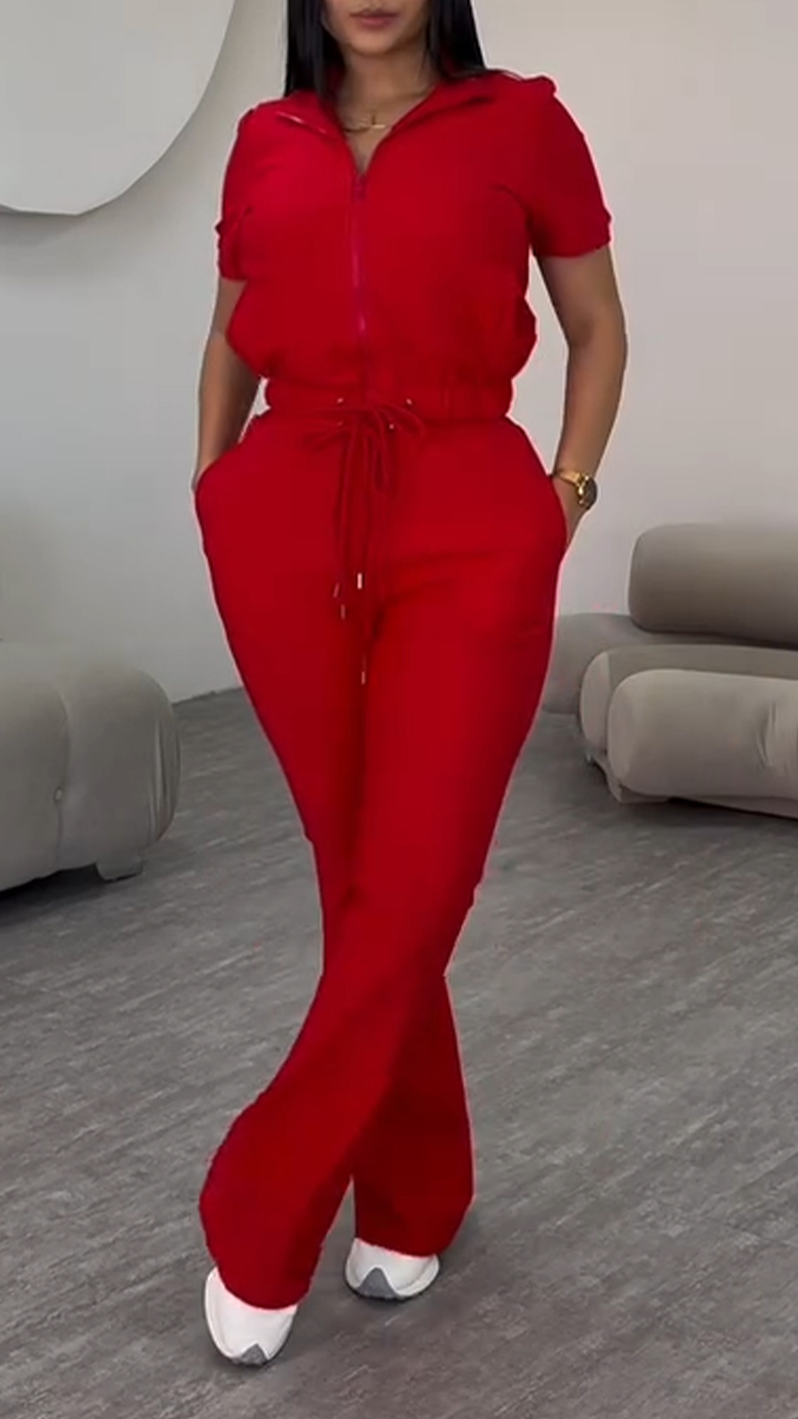 Women Collar Zipper Drawstring Solid Color Casual Set