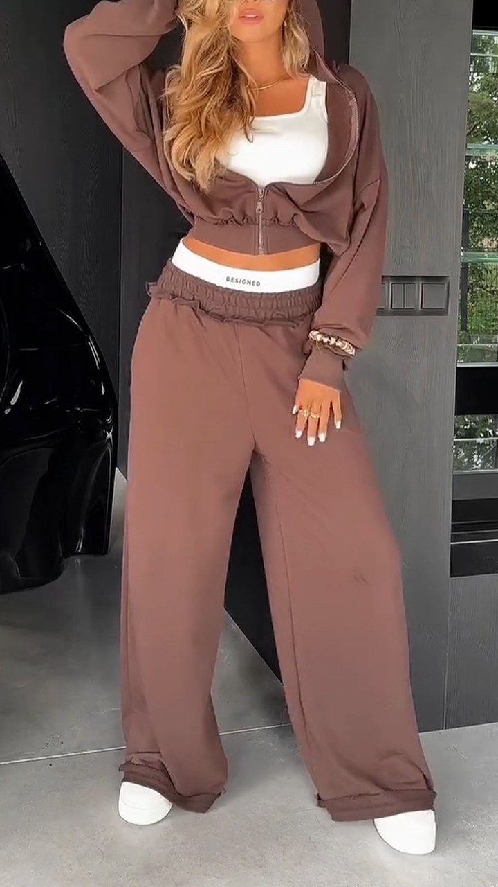 Ladies Round Neck Hooded Zipper Jacket+ Pants Casual Set