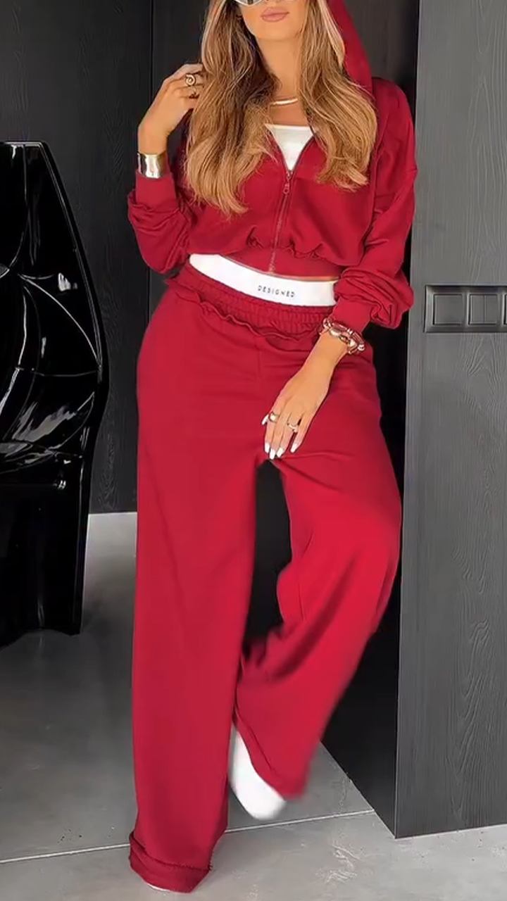 Ladies Round Neck Hooded Zipper Jacket+ Pants Casual Set