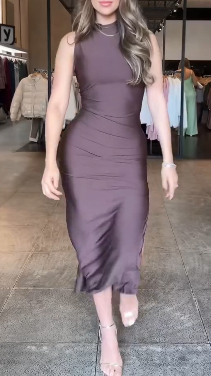 Ladies Round Neck Slim Fit Slit Style Casual Dress