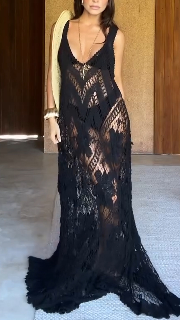 Ladies U-neck Printed Hollow Out Leisure Vacation Temperament Dress