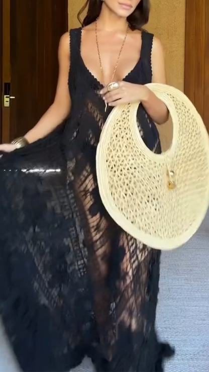 Ladies U-neck Printed Hollow Out Leisure Vacation Temperament Dress