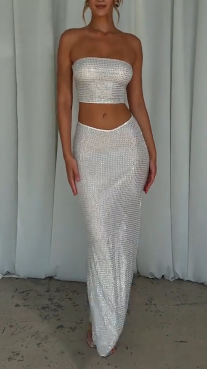 Ladies Strapless Hot Drilling Hollow Top+ Split Skirt for Dinner Party Temperament Set