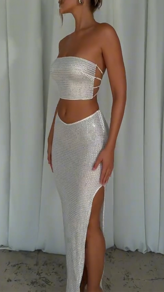 Ladies Strapless Hot Drilling Hollow Top+ Split Skirt for Dinner Party Temperament Set