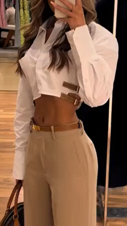 Women's Autumn White Casual Cotton And Linen Side Trim Commuter Shirt