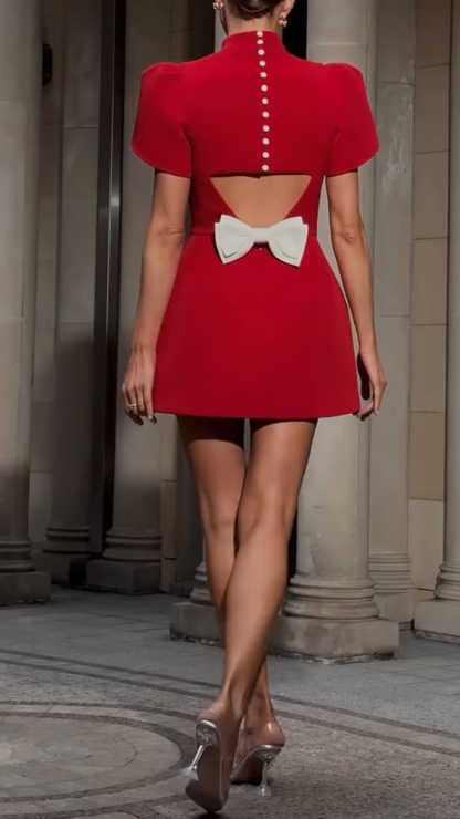 Ladies Round Neck Patchwork Back Hollow Elegant Temperament Dress